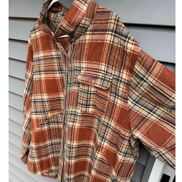 Umgee 1XL Burnt Orange Rust Plaid Hi-Lo Loose Fit Flannel Button Down Shacket - Picture 8 of 12